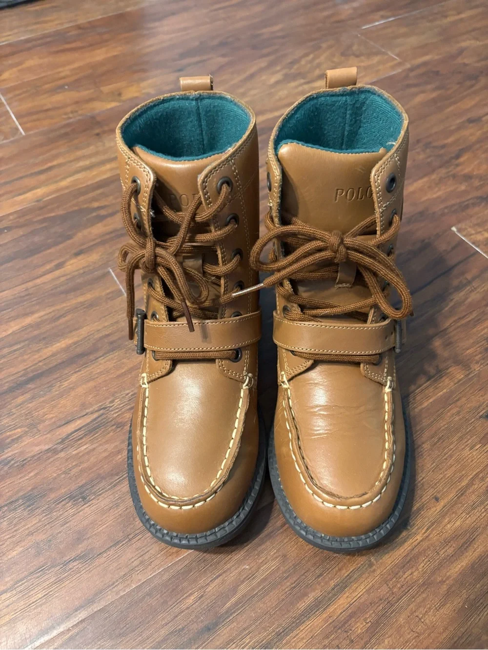 Ralph Lauren Tan Leather Kids Lace-Up & Strap Boots with Teal Lining